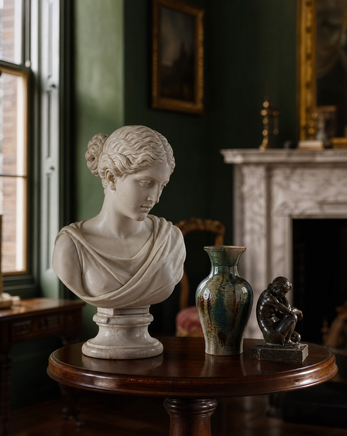 Marble bust, vase and bronze figure in a period room, antique valuation