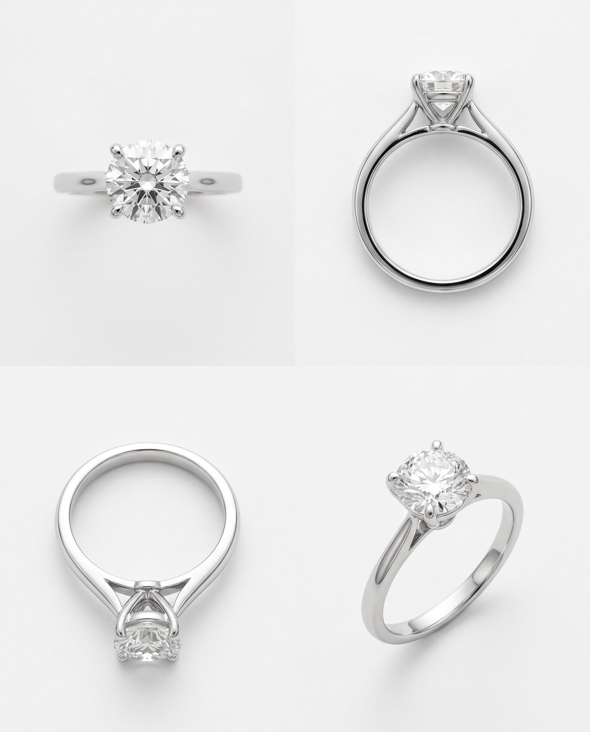 Diamond solitaire ring from four angles, checking claws and setting