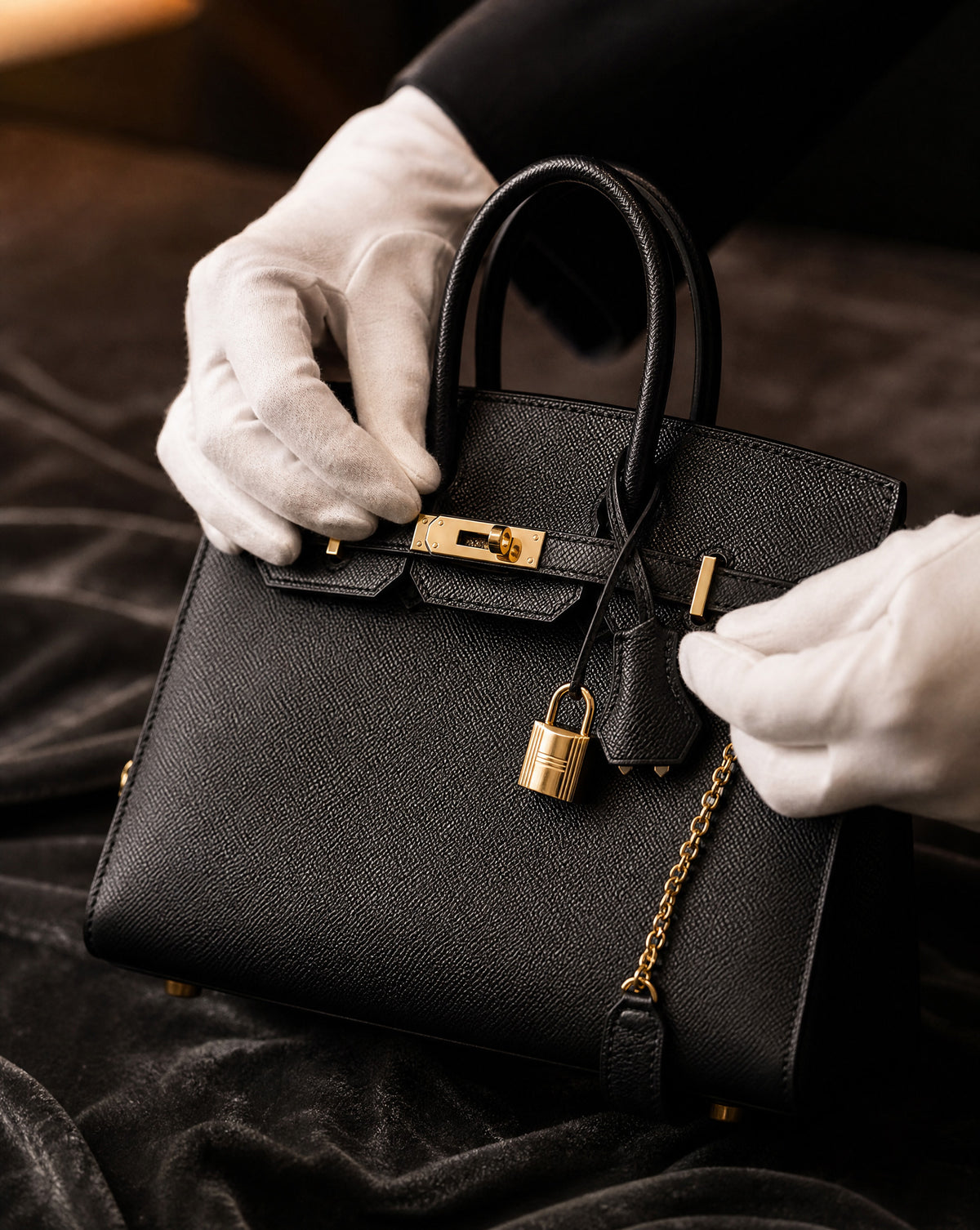 Gloved valuer examining a black leather handbag with padlock, independent handbag valuation