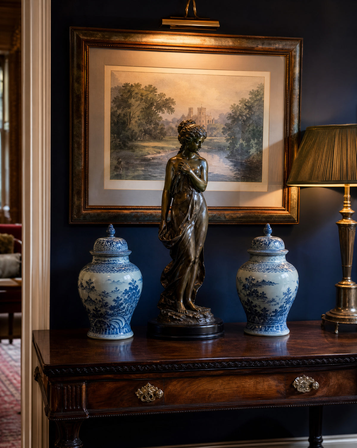 Framed landscape painting, bronze sculpture and blue and white vases, fine art valuation
