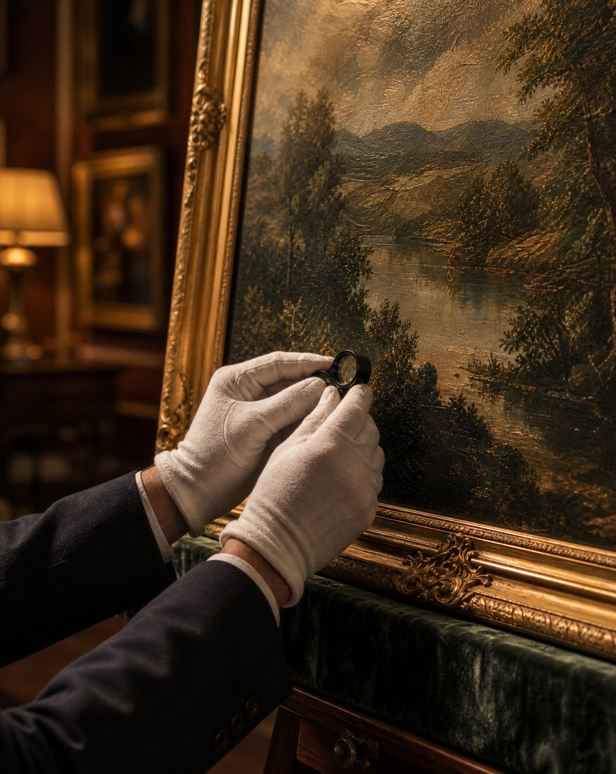 Gloved hands examining a framed landscape oil painting, fine art and antique valuation