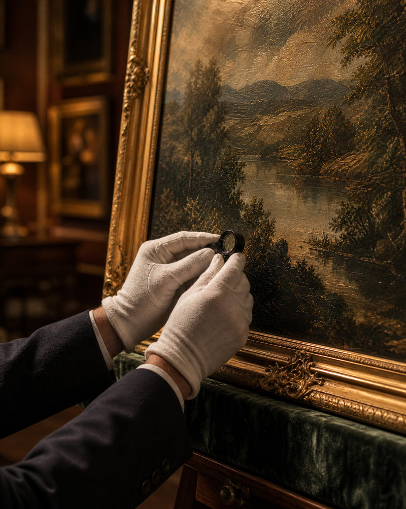 Gloved hands examining a framed landscape oil painting, fine art and antique valuation