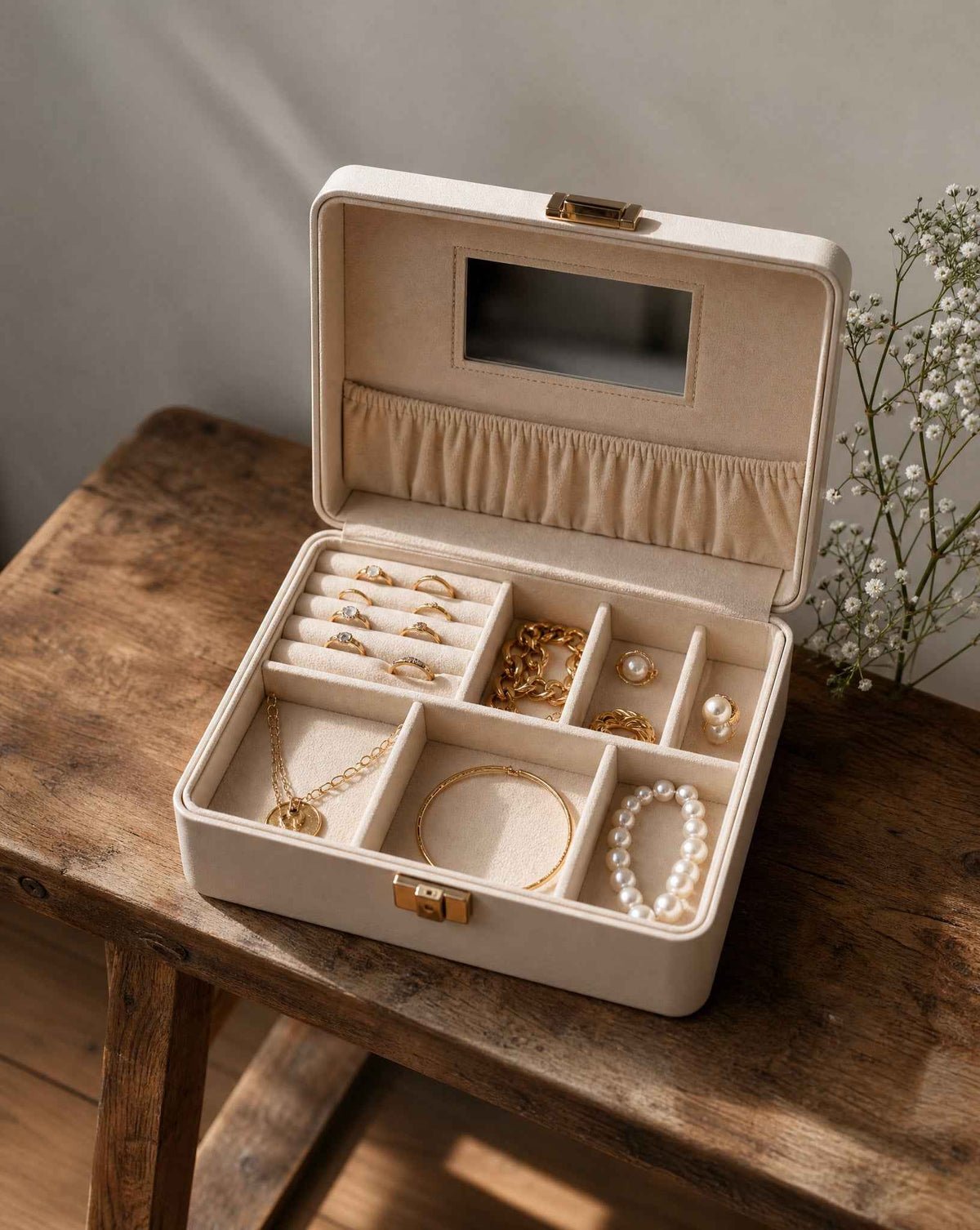 Beige jewelry box with compartments filled with gold and pearl jewelry on a wooden table.