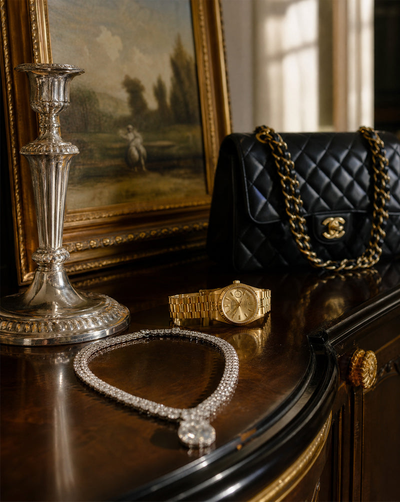 Oil painting, silver candlestick, designer handbag, gold watch and diamond necklace in a home, home contents valuation
