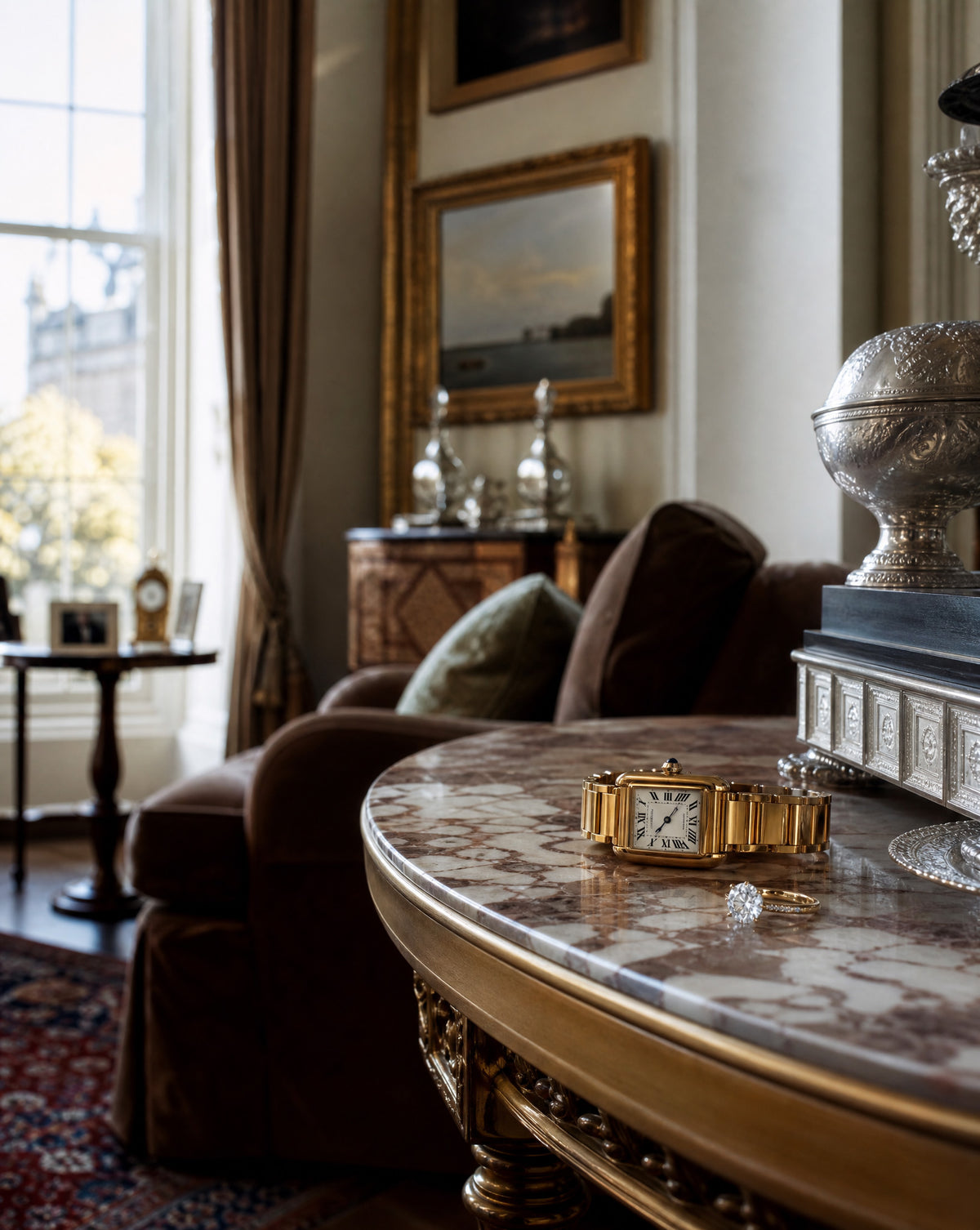 Period living room with paintings, antiques and a gold watch, whole home contents valuation
