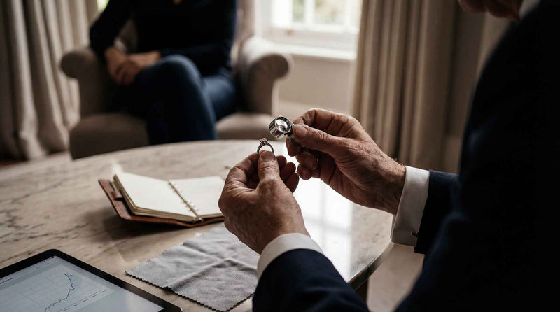 Valuer inspecting a ring at a client's home, home visit jewellery valuation