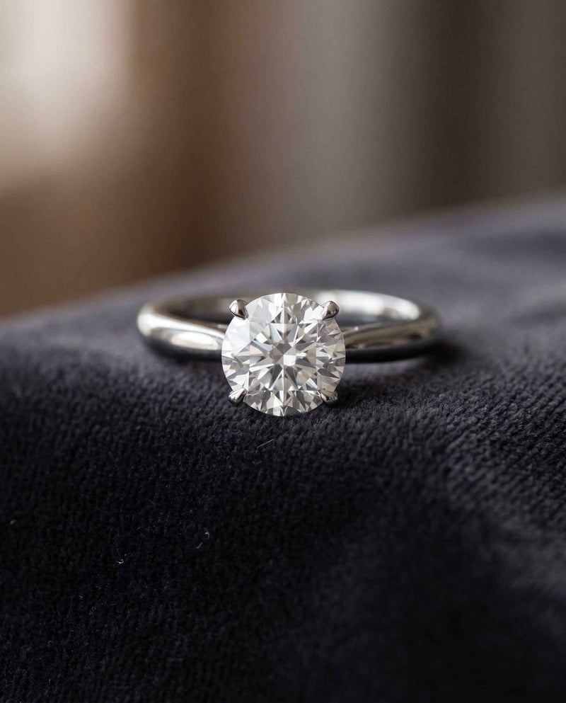 Round brilliant diamond solitaire ring on black velvet, professional jewellery valuation for insurance