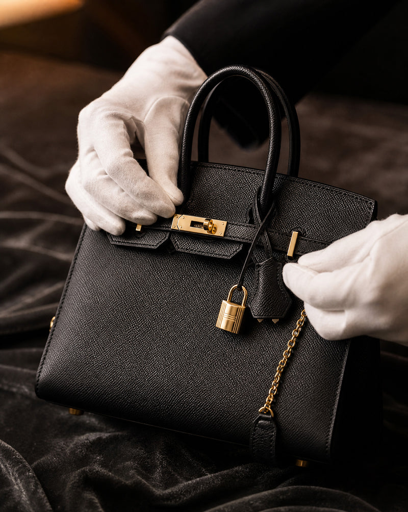 Gloved hands handling a black Hermès-style leather handbag, designer handbag valuation
