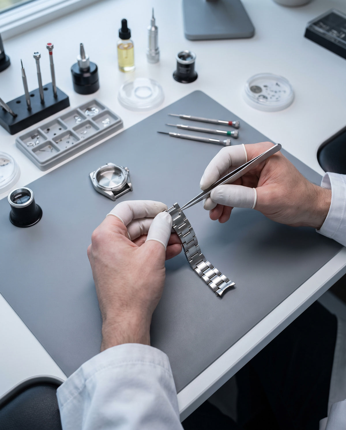 Watchmaker repairing a steel watch bracelet, watch bracelet repair